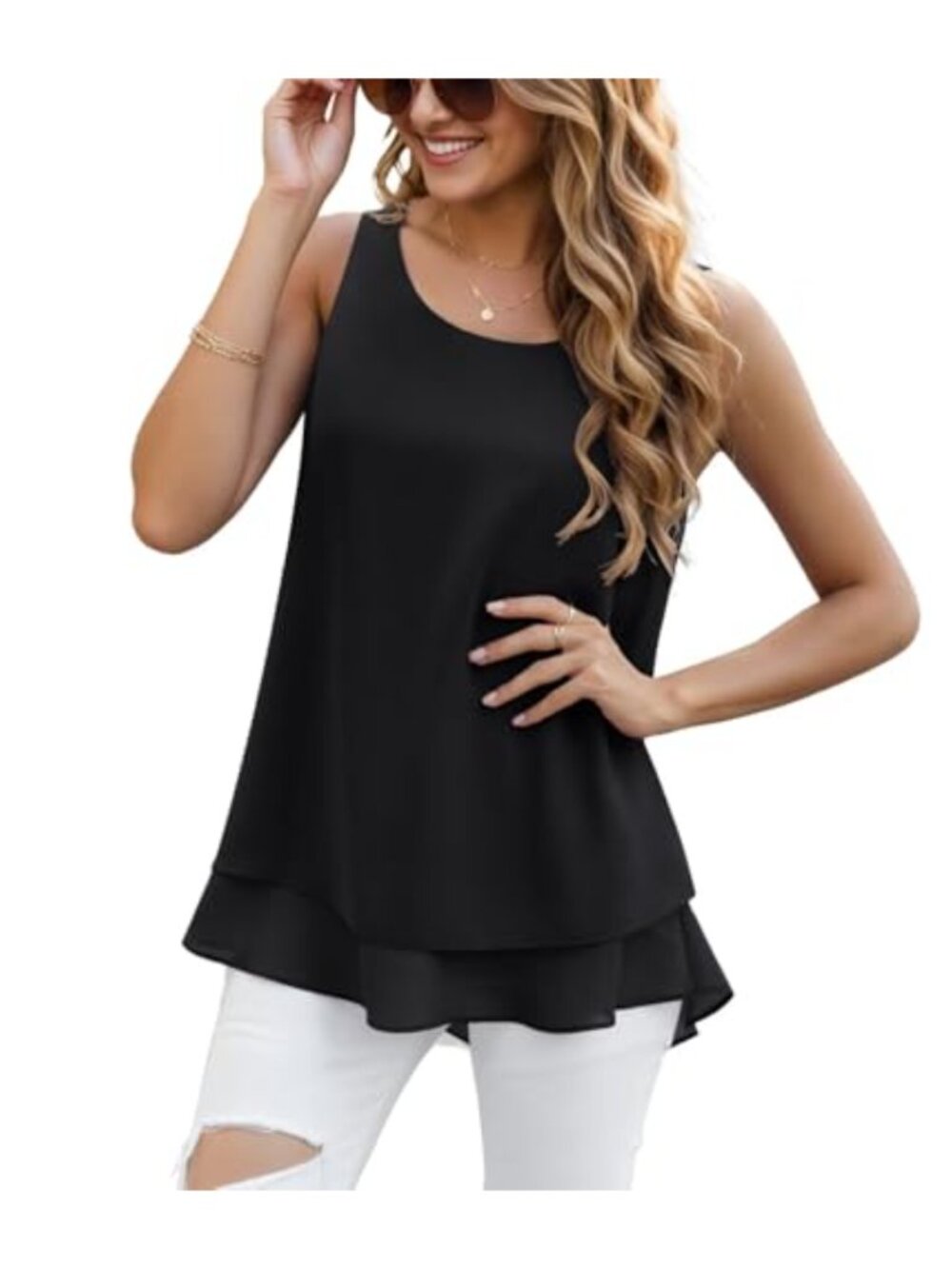 Chiffon Sleeveless Tank Top Flowy Summer Blouse Double Layer Loose Fit